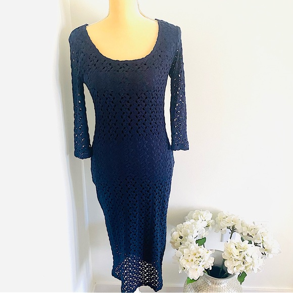 💕 Blue Knit Long Sleeves MIDI Dress SZ S - Picture 15 of 15